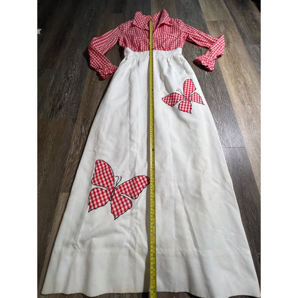Vintage Maxi Dress XS Red White Gingham Butterfly Good 70s Retro - Picture 4 of 8
